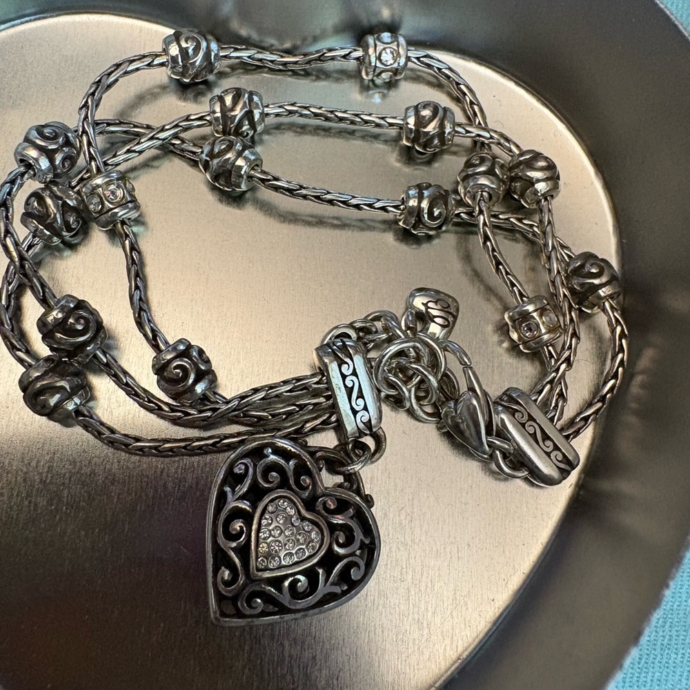 Silver Heart bracelet with Filigree and Crystal Accent